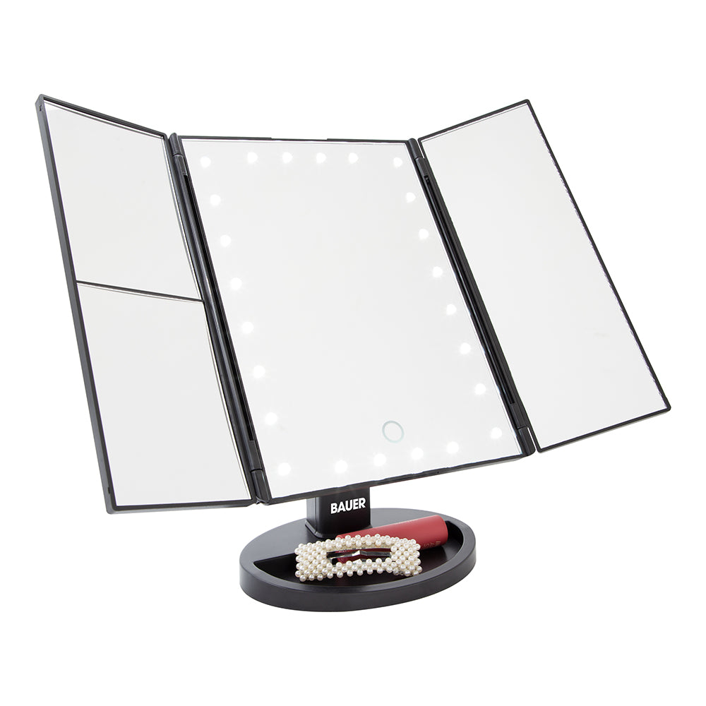 24 LED Make Up Mirror Magnifying Adjustable Foldable USB Battery Storage Compart
