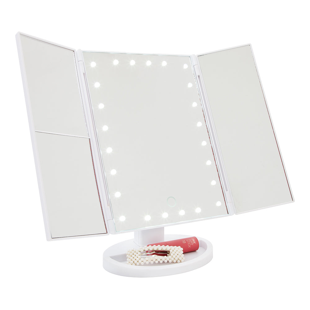24 LED Make Up Mirror Magnifying Adjustable Foldable USB Battery Storage Compart
