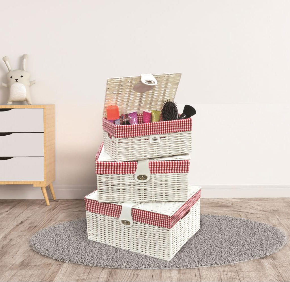 Set Of 3 Lined Wicker Basket Hamper With Lid Woven Xmas Storage Gift Box Resin