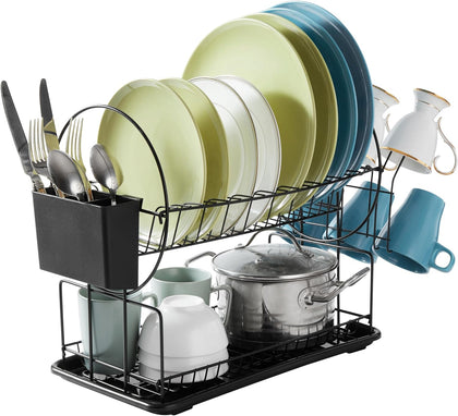 Dish Drying Rack 2 Tier Dish Drainer Storage with Drainboard for Knives Dishes
