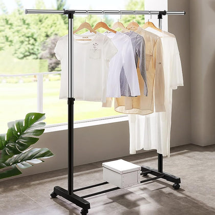 Adjustable Mobile Tidy Coat Garment Clothing Hanging Rail Rack Stand Wheels