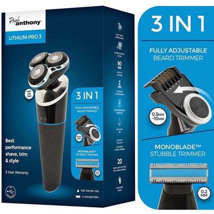 Lithium Pro 3 USB Wet & Dry Rotary Shaver with Beard Stubble Style Trimmer USB