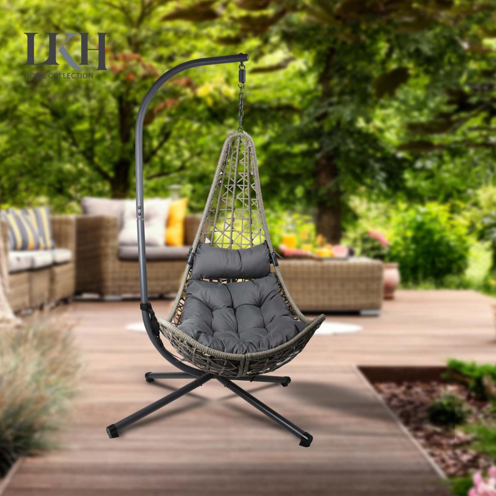 Hanging Rattan Egg Chair with Metal Frame Stand for Indoor Outdoor