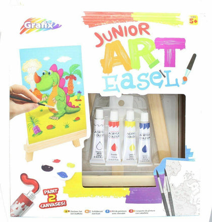 Junior Art Easel Paint Pack Wood Easel Acrylic Paints Mixing Tray Brushes Canvas