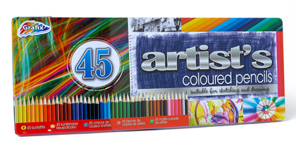 Artist's Coloured Pencils 45 Pack With Presentation Metal Tin Creativity Arts