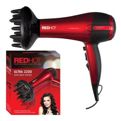 2200W Red Hot Professional Style Hair Dryer w/ Diffuser & Nozzle Salon StylerPro