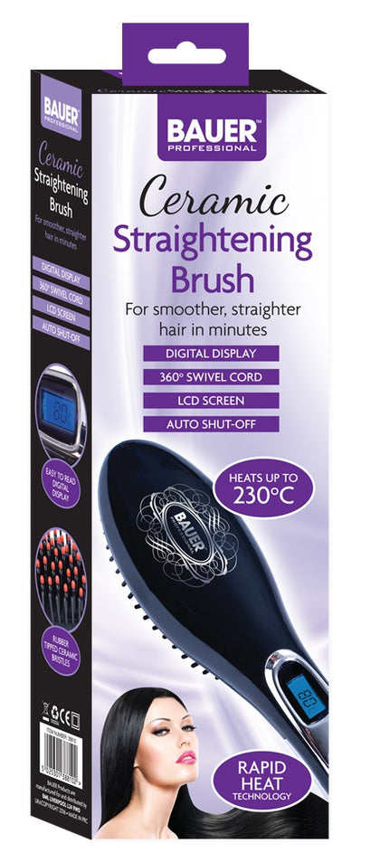 Bauer Black Heated Ceramic Hair Brush Straightening LCD Screen Flat Iron Comb