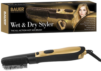 Bauer Pro Wet & Dry Removeable Hot Air Nylon Brush Hair Styler Styling 360° Cord