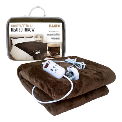 Bauer Brown Luxury Soft Heated Throw Blanket with Timer 10 Heat Settings 120x160