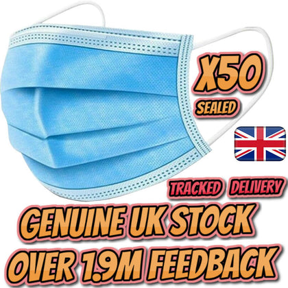 50 Pack Blue Face Mask Protective Covering Mouth Masks Non-Medical/Surgical 3ply
