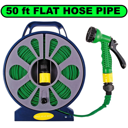 New Garden 50ft Flat Hose Pipe Spray Gun Nozzle With Stand Hobby Gardening