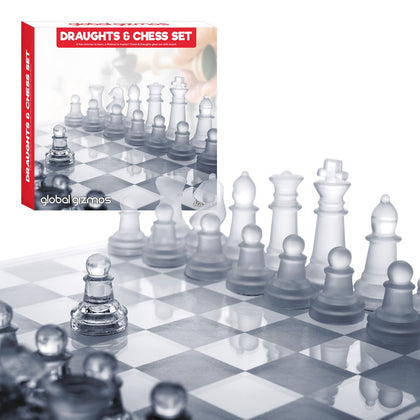 Chess & Draughts Set Glass Pieces And Board Set Frosted Clear Game Traditional