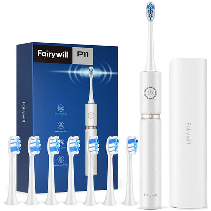 White P11 Ultrasonic Electric Toothbrush with 8 Brush Heads and Travel Case