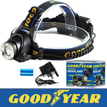 Goodyear Head Light Torch Lamp Headlamp LED Rechargeable Flashlight 6000LM
