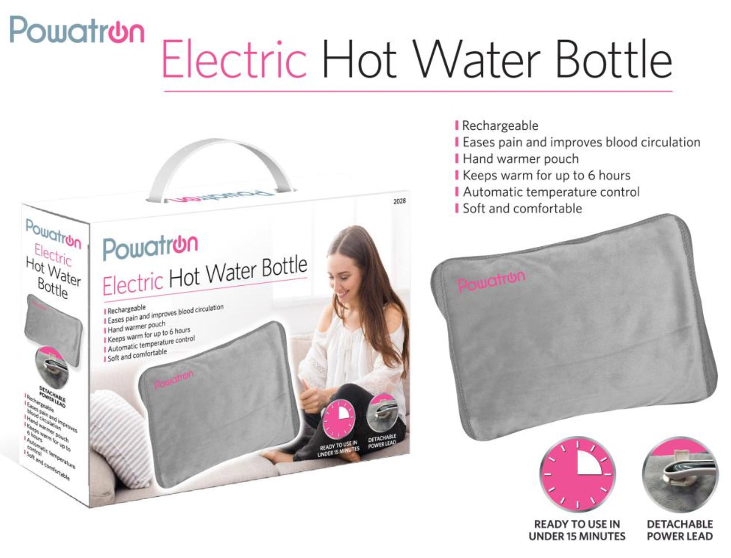 Grey Rechargeable Electric Hot Water Bottle Bed Hand Warmer Massaging Heat Pad