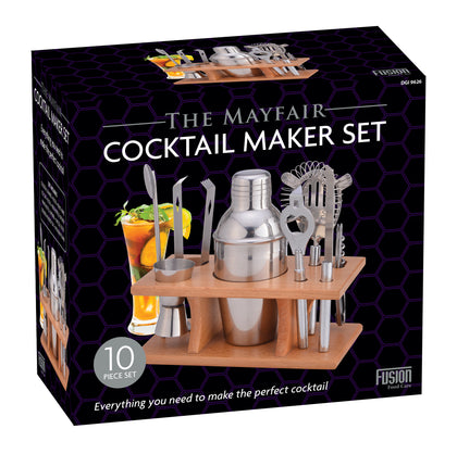 10pc Cocktail Maker Set Shaker Glass Twisted Bar Spoon Strainer Wood Muddler