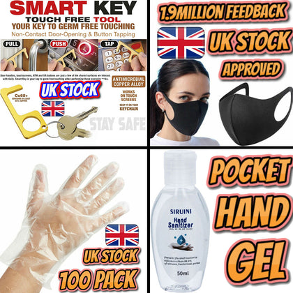 100 Disposable Gloves|Anti Bac Smart Key|Hand Gel Sanitiser|Reusable Face Cover
