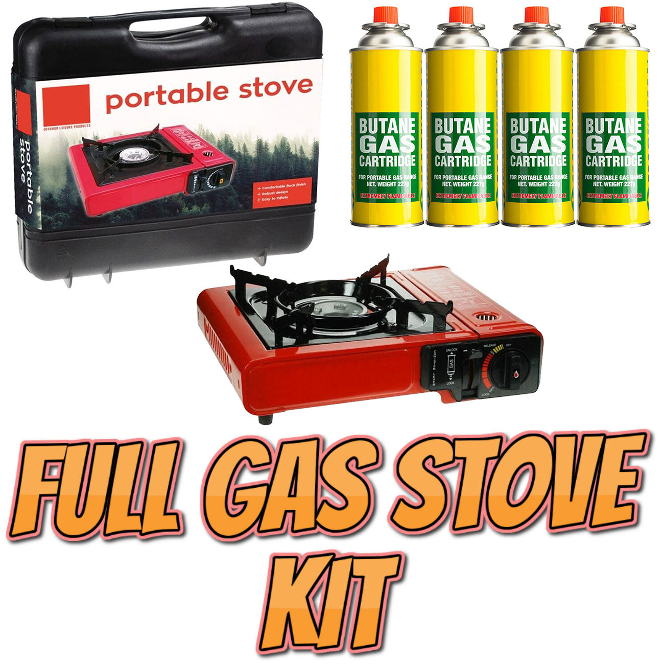 Camping Gas Stove with Case and 4 Gas Can Cylinders Emergency Gas Shortage Kit