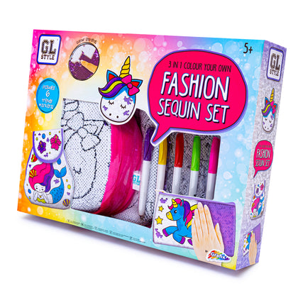 GL Style 3 in 1 Colour Your Own Fashion Sequin Backpack Unicorn Pencil Case Kit
