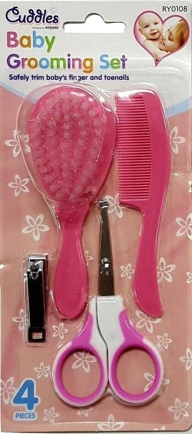 Baby Grooming Set 4 Piece Safe Nail Scissors ,Clippers And Brush Comb Pink