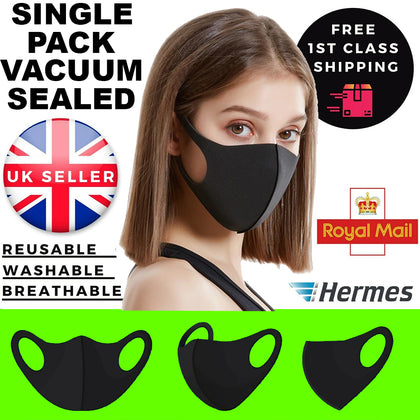 Black Face Mask Reusable | Washable Breathable | Sealed Facemask | UK Stock
