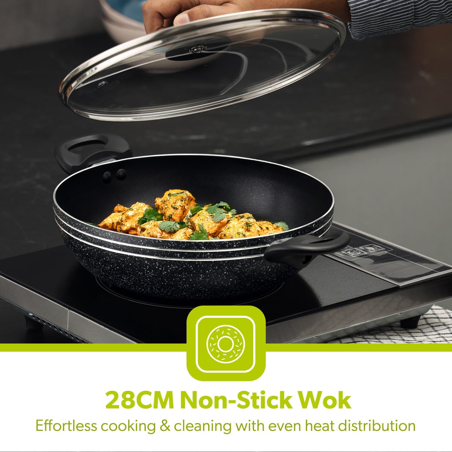 26/28cm Royalford Aluminium Wok Induction Safe Frying Pan Non-Stick Cookware Lid