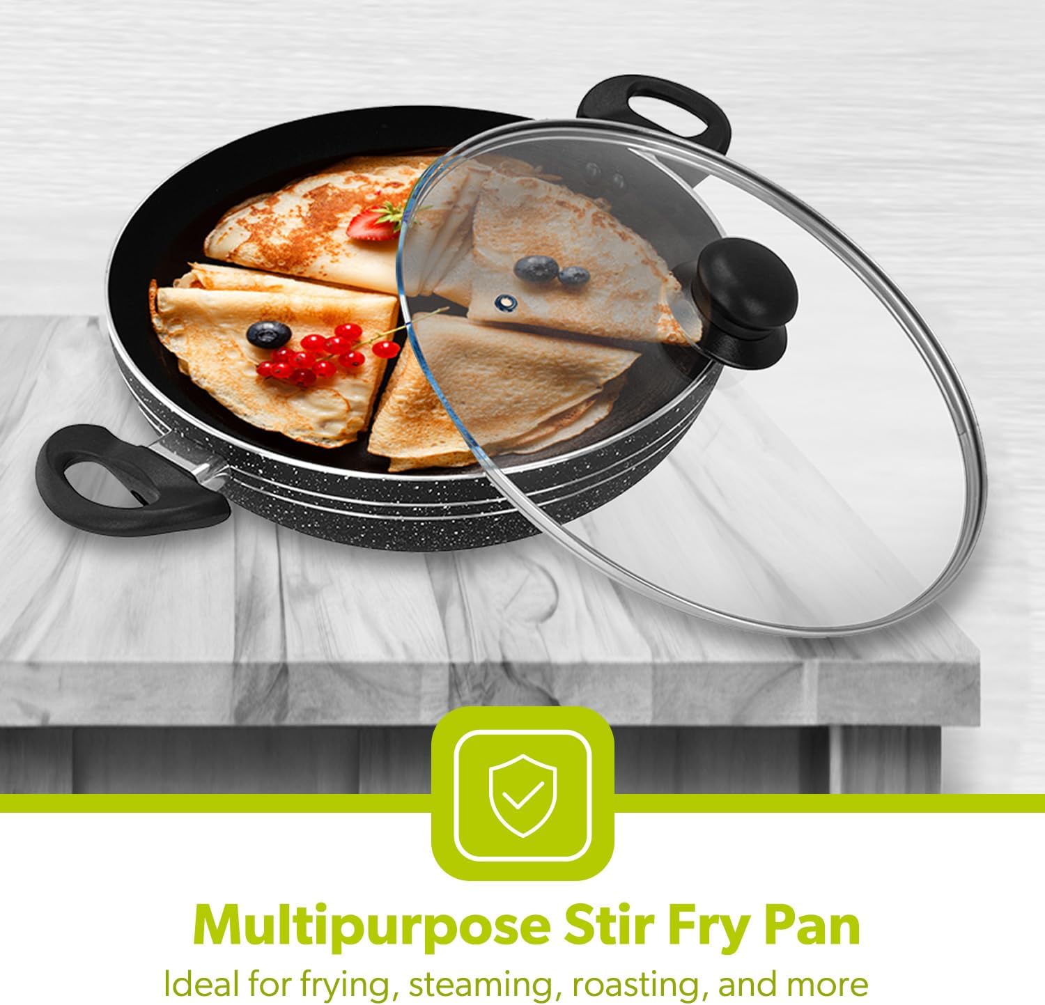26/28cm Royalford Aluminium Wok Induction Safe Frying Pan Non-Stick Cookware Lid