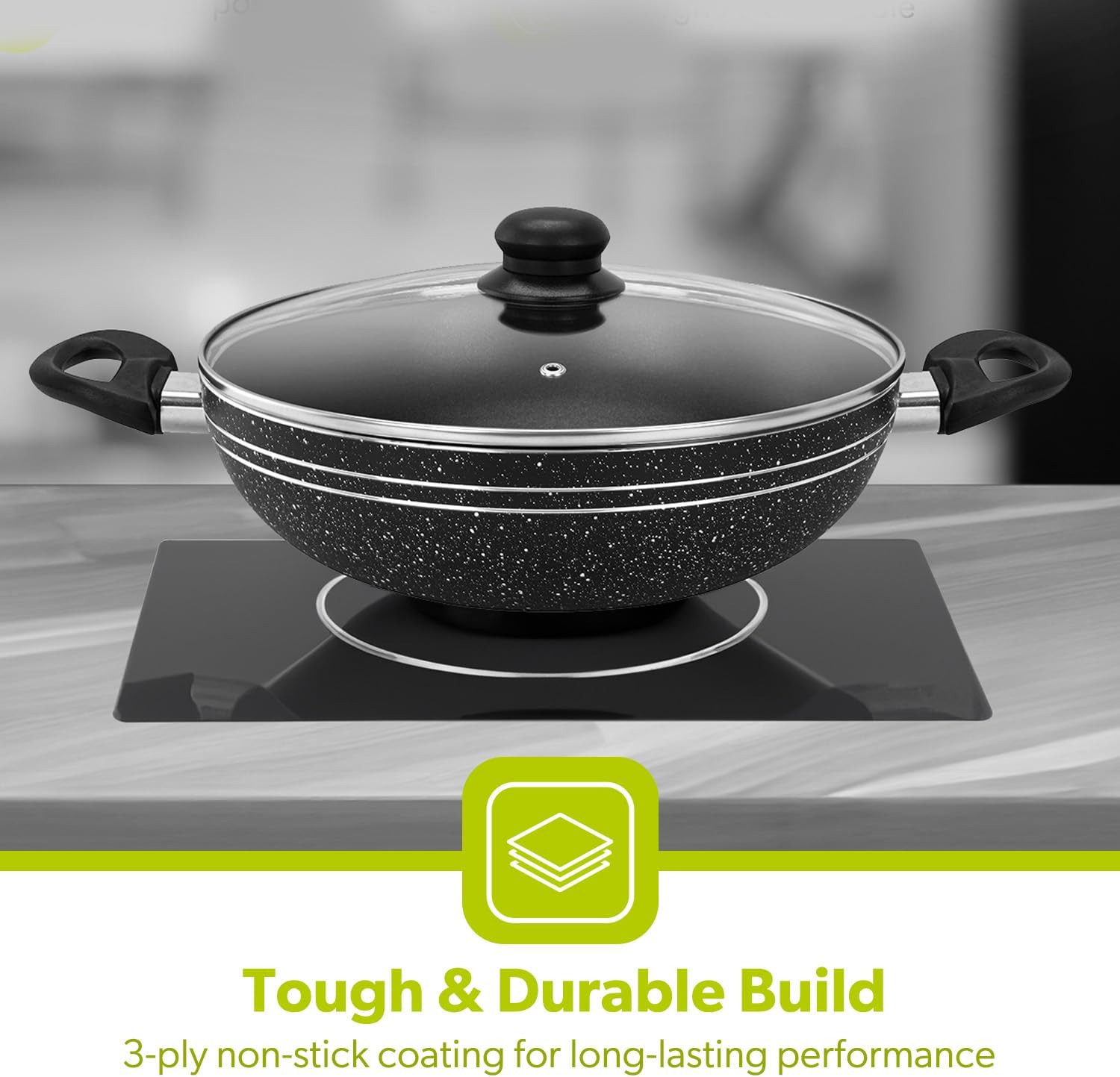 26/28cm Royalford Aluminium Wok Induction Safe Frying Pan Non-Stick Cookware Lid