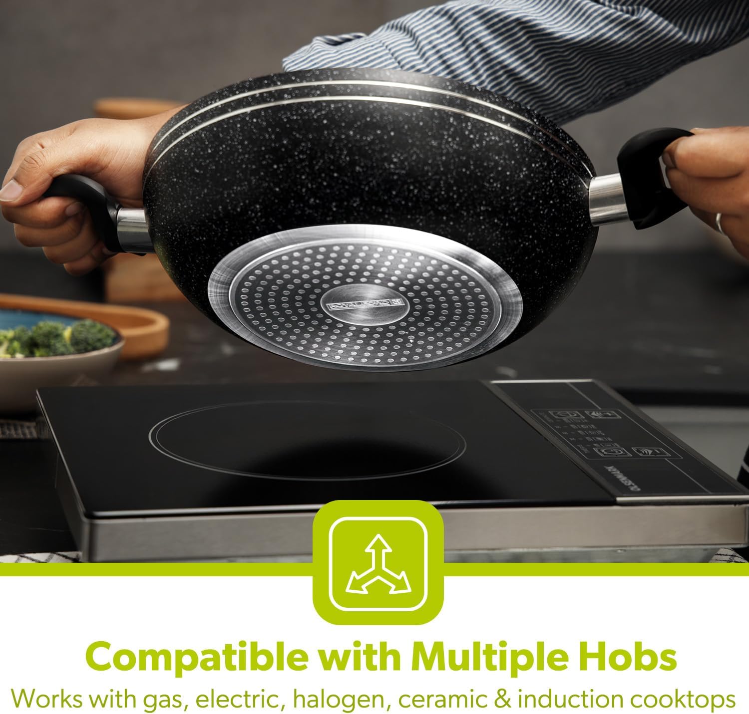 26/28cm Royalford Aluminium Wok Induction Safe Frying Pan Non-Stick Cookware Lid