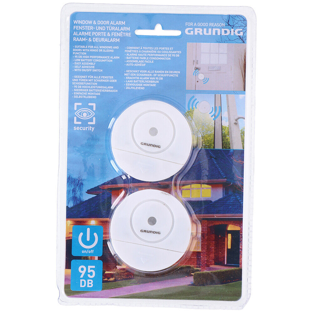 2 Pack Grundig Window Door Alarm Self-Adhesive Battery Operated White 95 DB