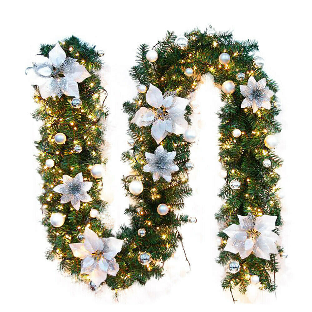 9FT Pre Lit Christmas Garland with Lights Door Wreath Xmas Fireplace Decor LED