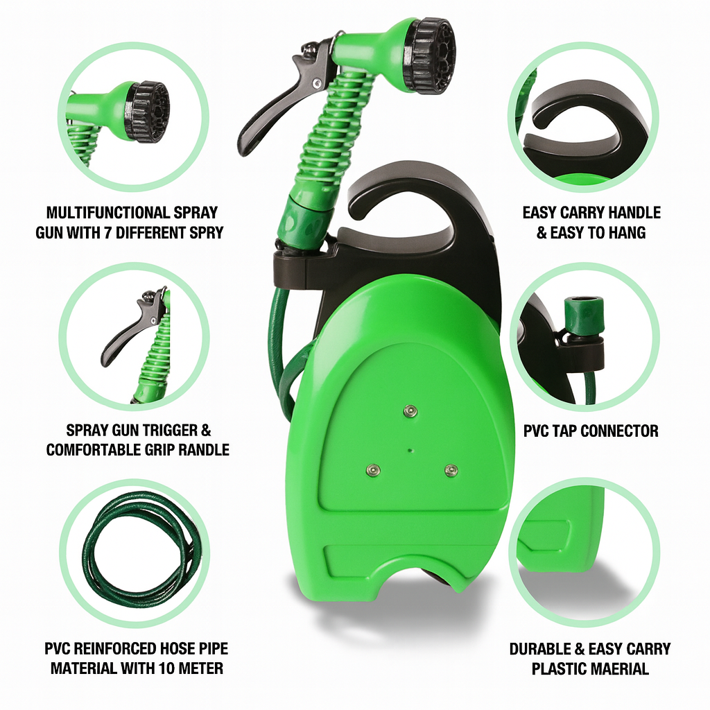 10m Garden Hose Pipe with 7 Spray Gun Settings Stand Tap Connector Watering