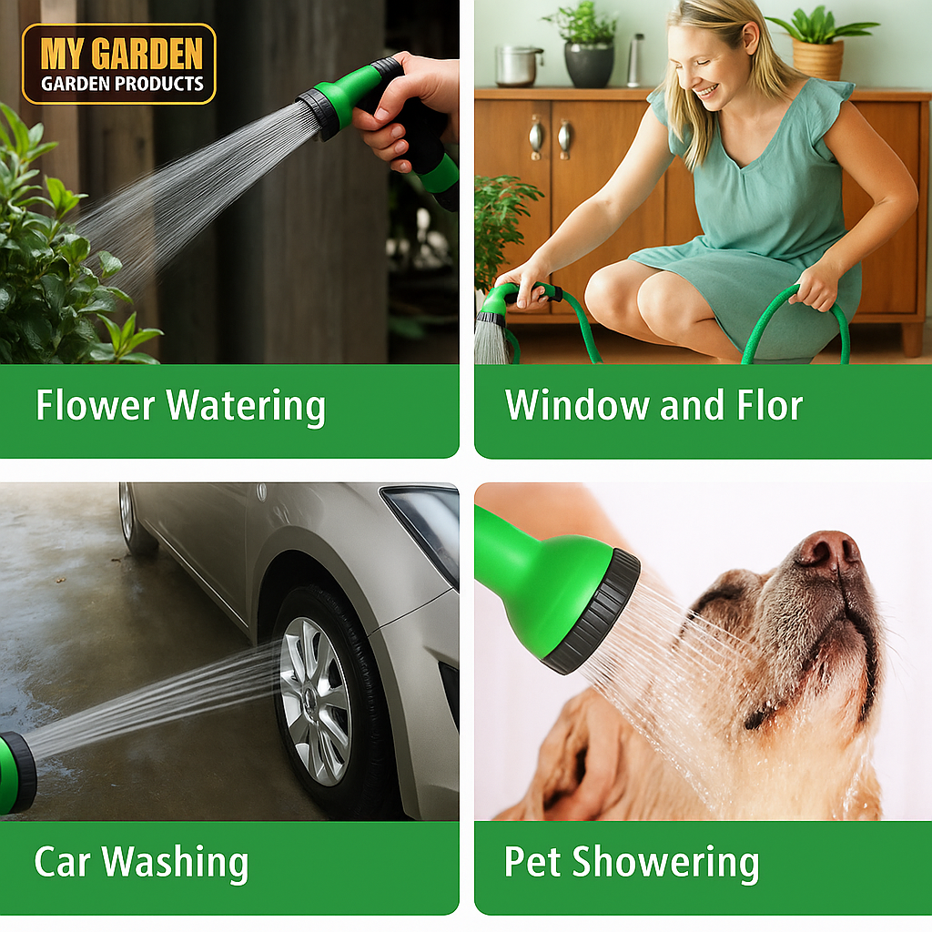 10m Garden Hose Pipe with 7 Spray Gun Settings Stand Tap Connector Watering