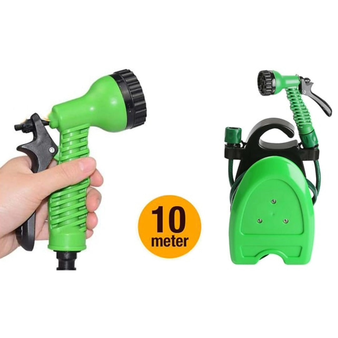 10m Garden Hose Pipe with 7 Spray Gun Settings Stand Tap Connector Watering