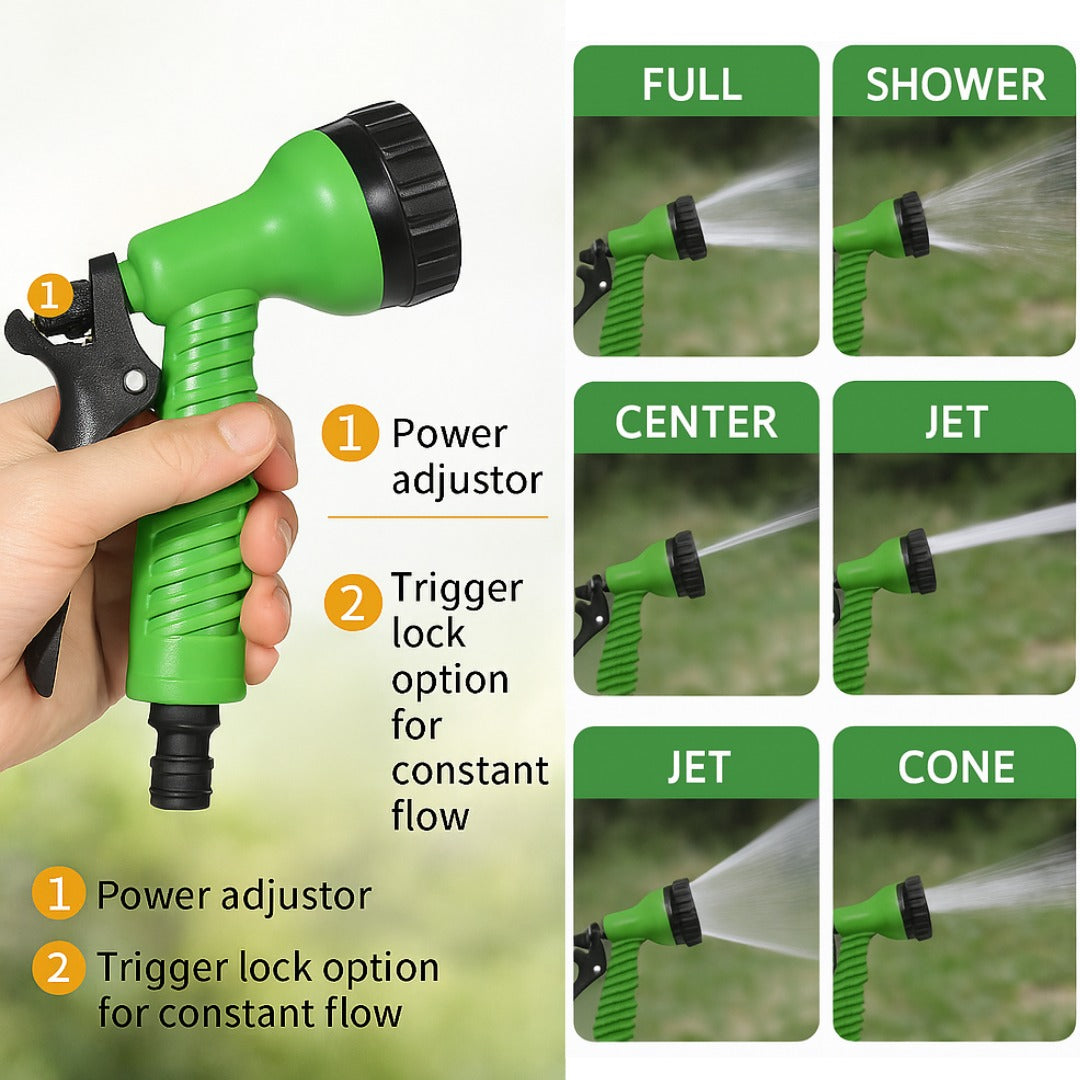 10m Garden Hose Pipe with 7 Spray Gun Settings Stand Tap Connector Watering