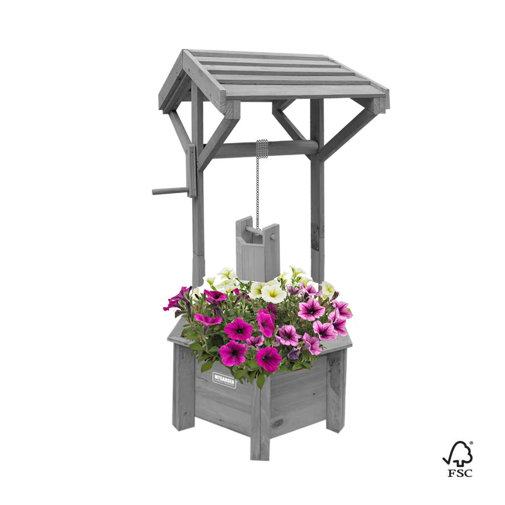 Grey Wooden Wishing Well Garden Planter | Indoor | Outdoor | Solid Natural Wood