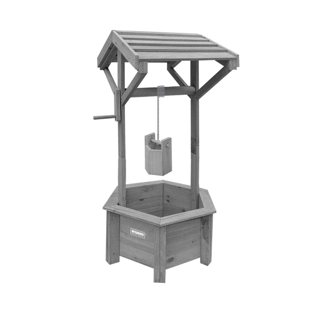 Grey Wooden Wishing Well Garden Planter | Indoor | Outdoor | Solid Natural Wood
