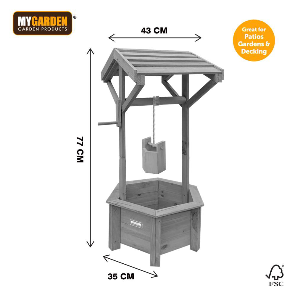 Grey Wooden Wishing Well Garden Planter | Indoor | Outdoor | Solid Natural Wood