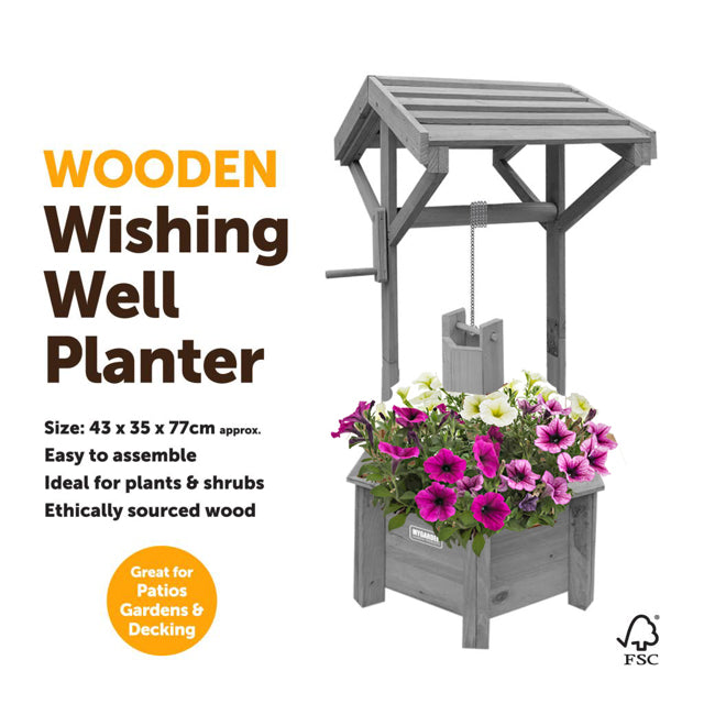 Grey Wooden Wishing Well Garden Planter | Indoor | Outdoor | Solid Natural Wood