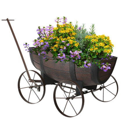 Garden Half Barrel Flower Planter Pot Wheels Wooden Antique Oak Effect Outdoor