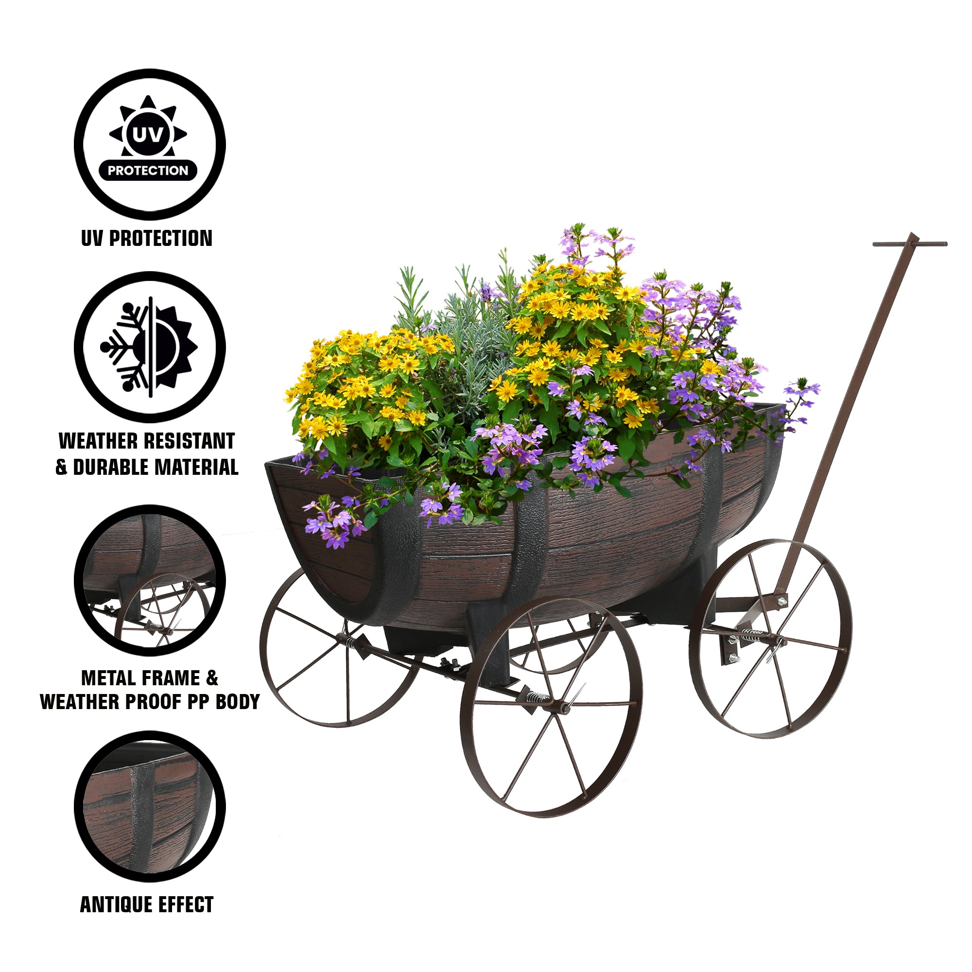 Garden Half Barrel Flower Planter Pot Wheels Wooden Antique Oak Effect Outdoor