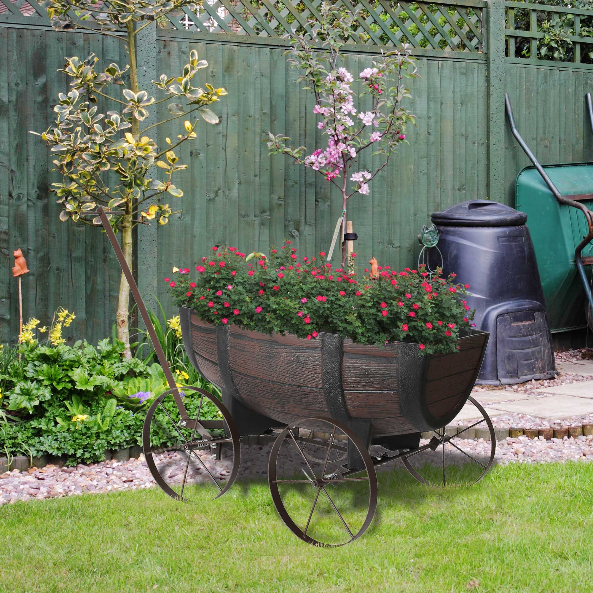 Garden Half Barrel Flower Planter Pot Wheels Wooden Antique Oak Effect Outdoor