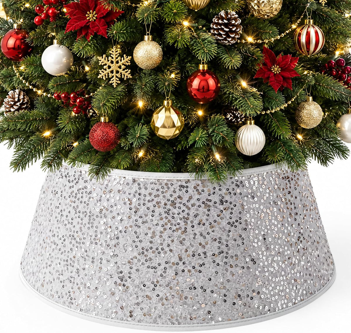 Sequin Christmas Tree Skirt Round Glitter Base Cover Collar Decor 56cm x 25cm