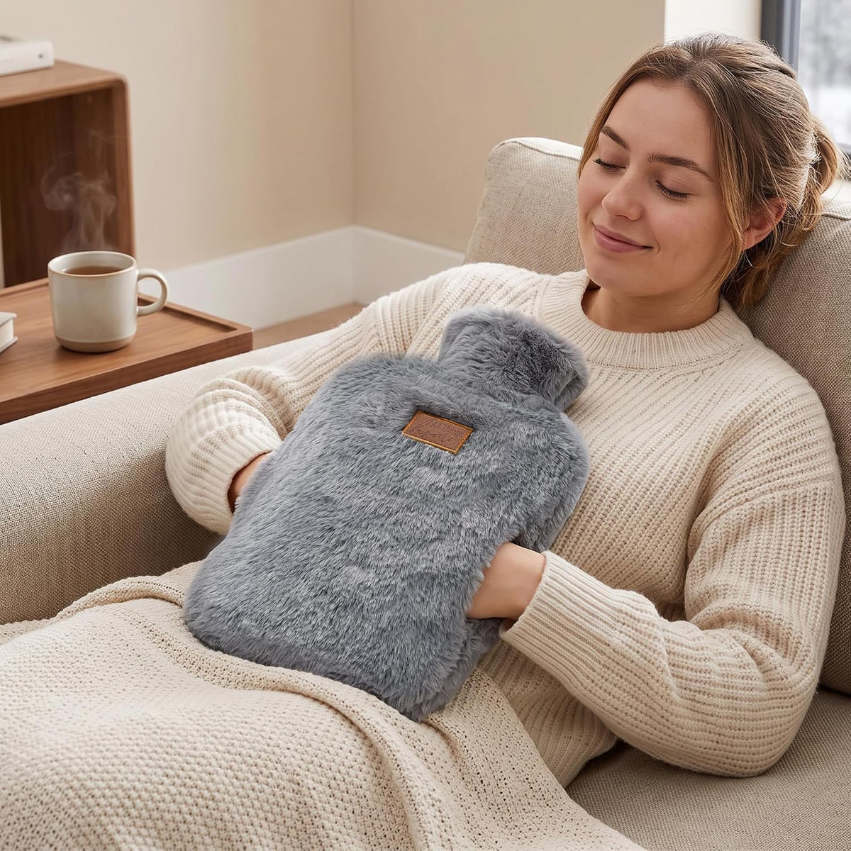 2L Hot Water Bottle with Faux Fur Cover Hand Feet Warmer Double-Sided Heat Pack