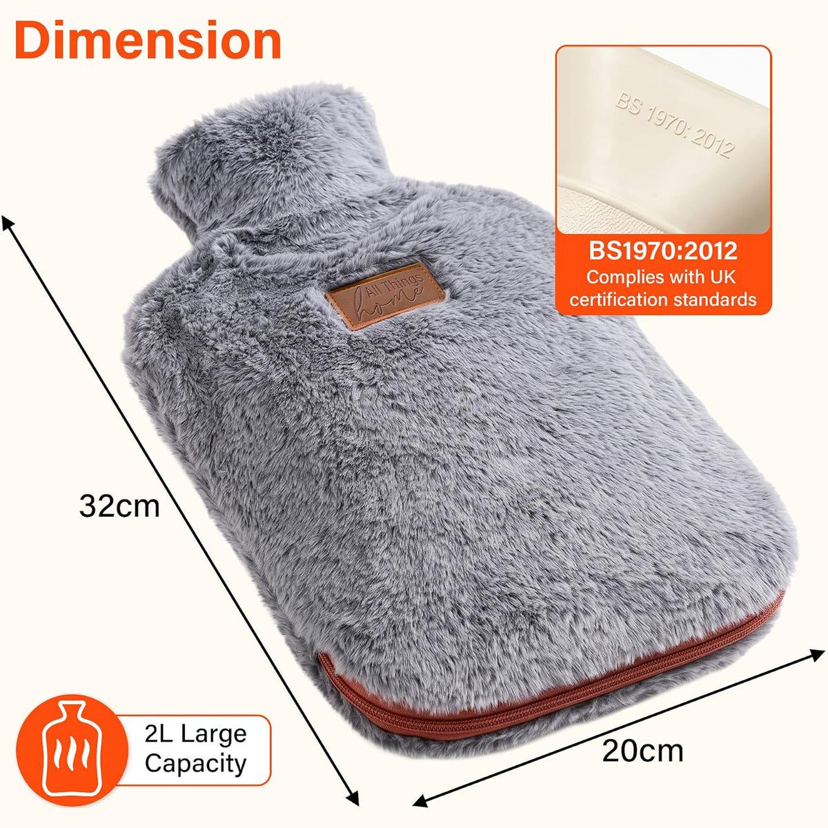 2L Hot Water Bottle with Faux Fur Cover Hand Feet Warmer Double-Sided Heat Pack