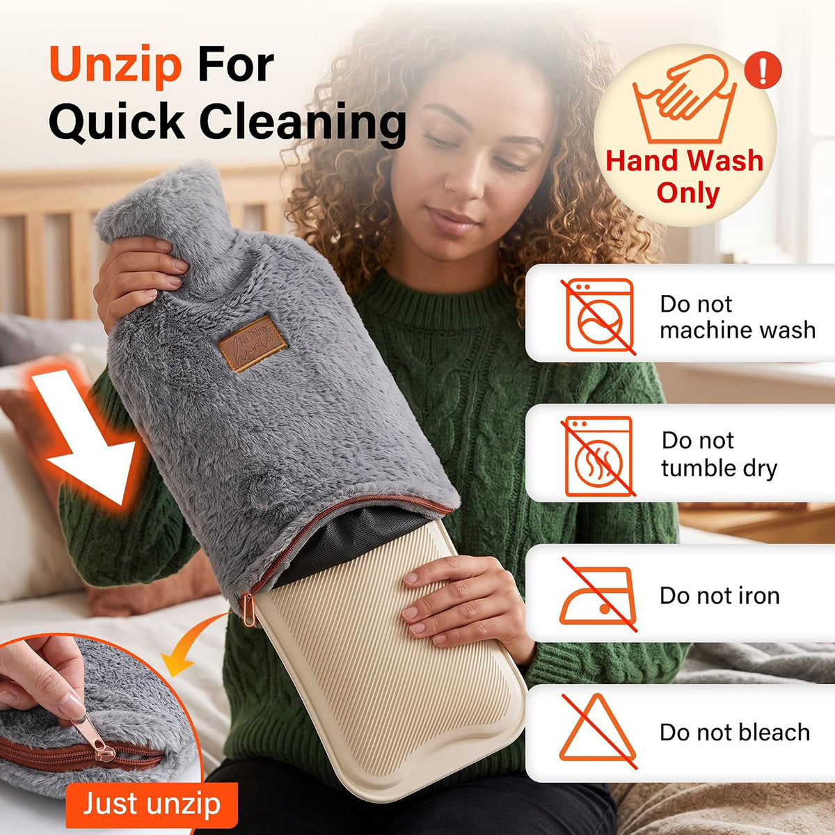 2L Hot Water Bottle with Faux Fur Cover Hand Feet Warmer Double-Sided Heat Pack