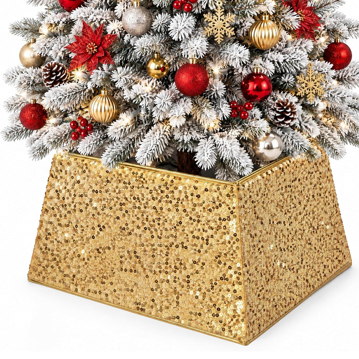 Christmas Tree Skirt Square Folding Stand Cover Sequin Glitter Xmas Base Decor