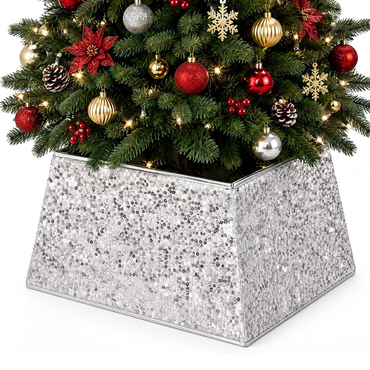 Christmas Tree Skirt Square Folding Stand Cover Sequin Glitter Xmas Base Decor
