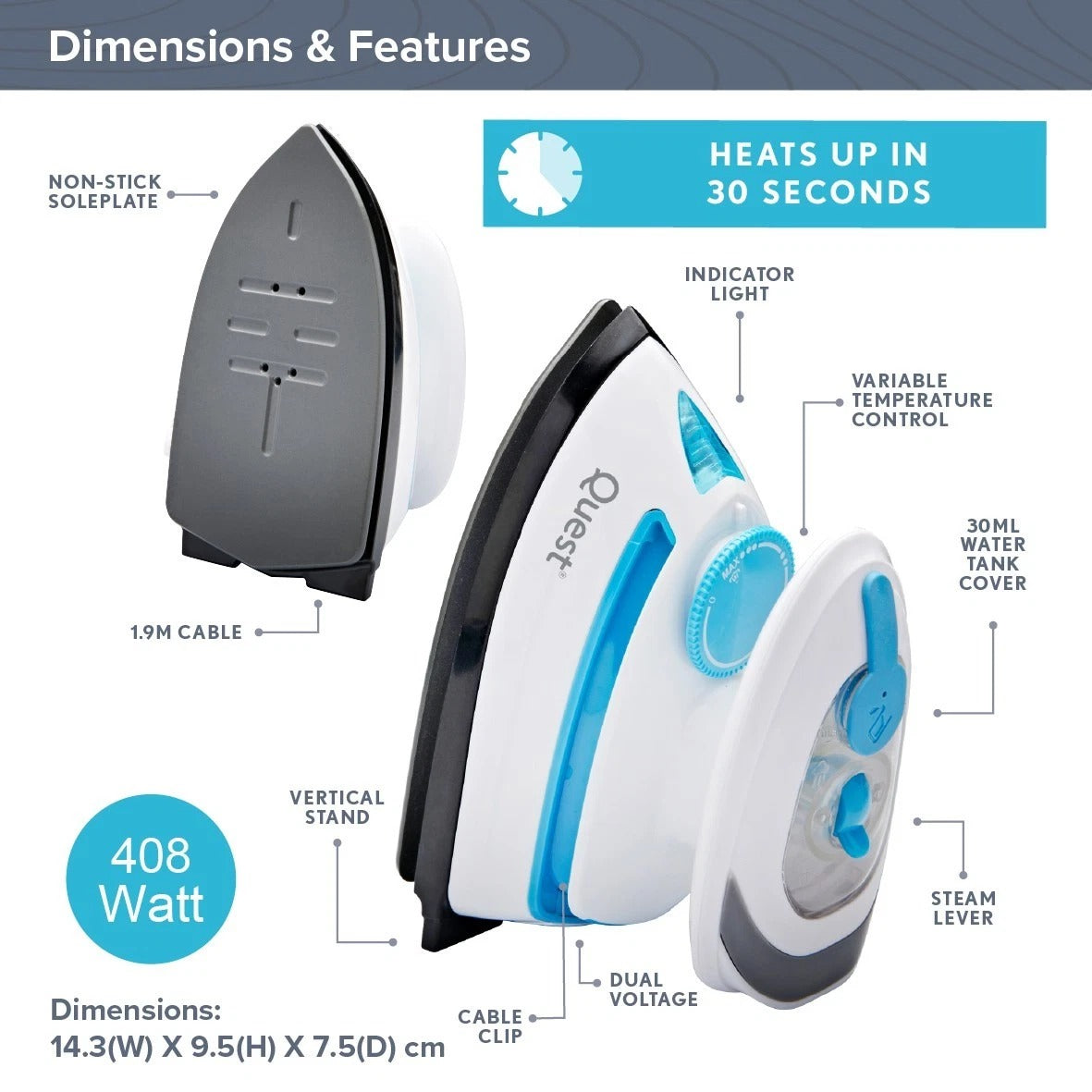 Quest Mini Travel Iron Steam Travel Iron Temperature Control 408W NonStick Plate