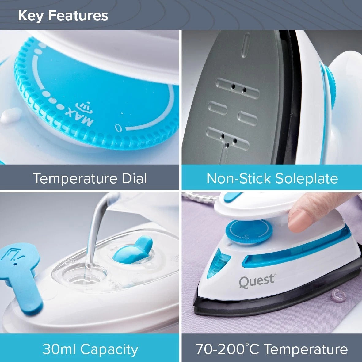 Quest Mini Travel Iron Steam Travel Iron Temperature Control 408W NonStick Plate